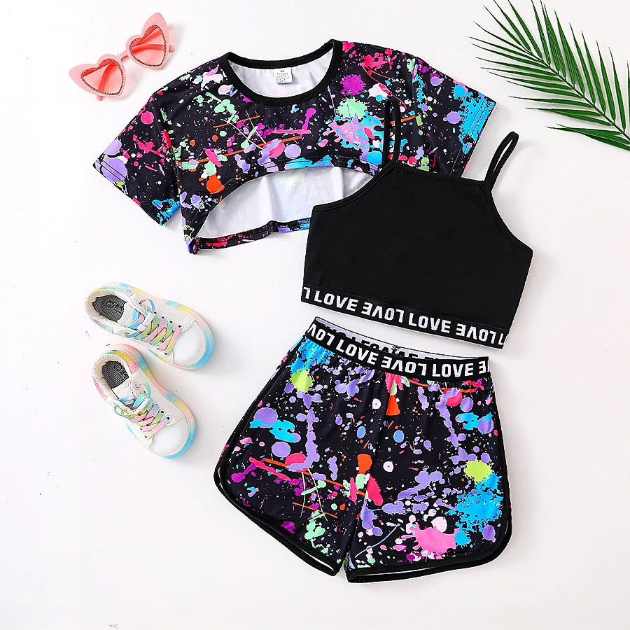 Summer fashion girls' three-piece set Fluorescent graffiti print casual loose slightly elastic comfortable suit