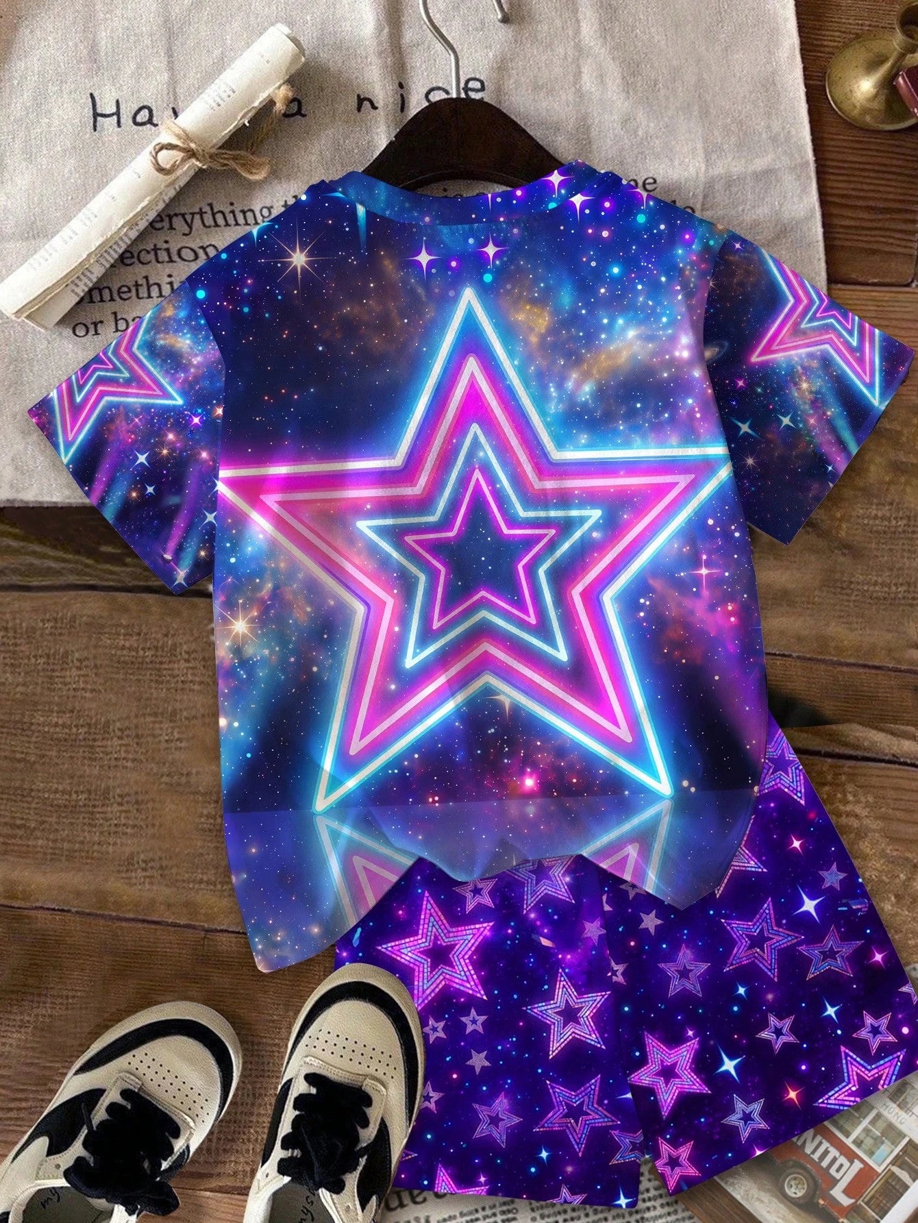 Little Girl Galaxy Neon Star 3D Kpop Idol Printed T-shirt with Space Shorts 2-piece Music Festival Children's Set