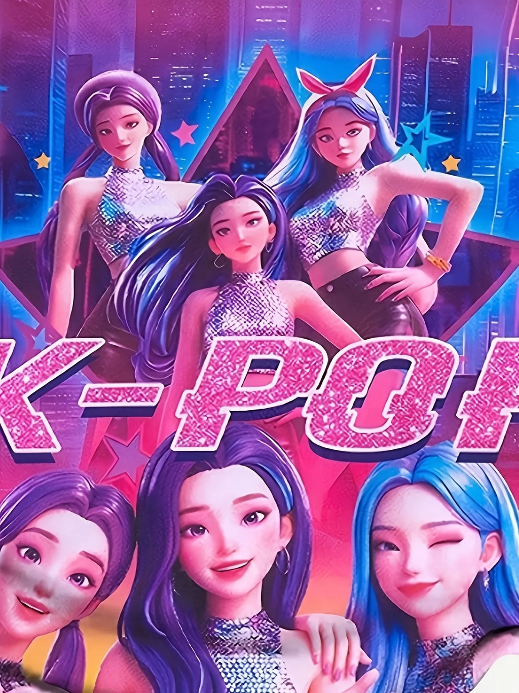 Kids Girls 2-Piece K-Pop Tracksuit, City Neon 4 Idol Girl Print Short Sleeve Tee & Purple Side Pink Silver Star Flared Pants