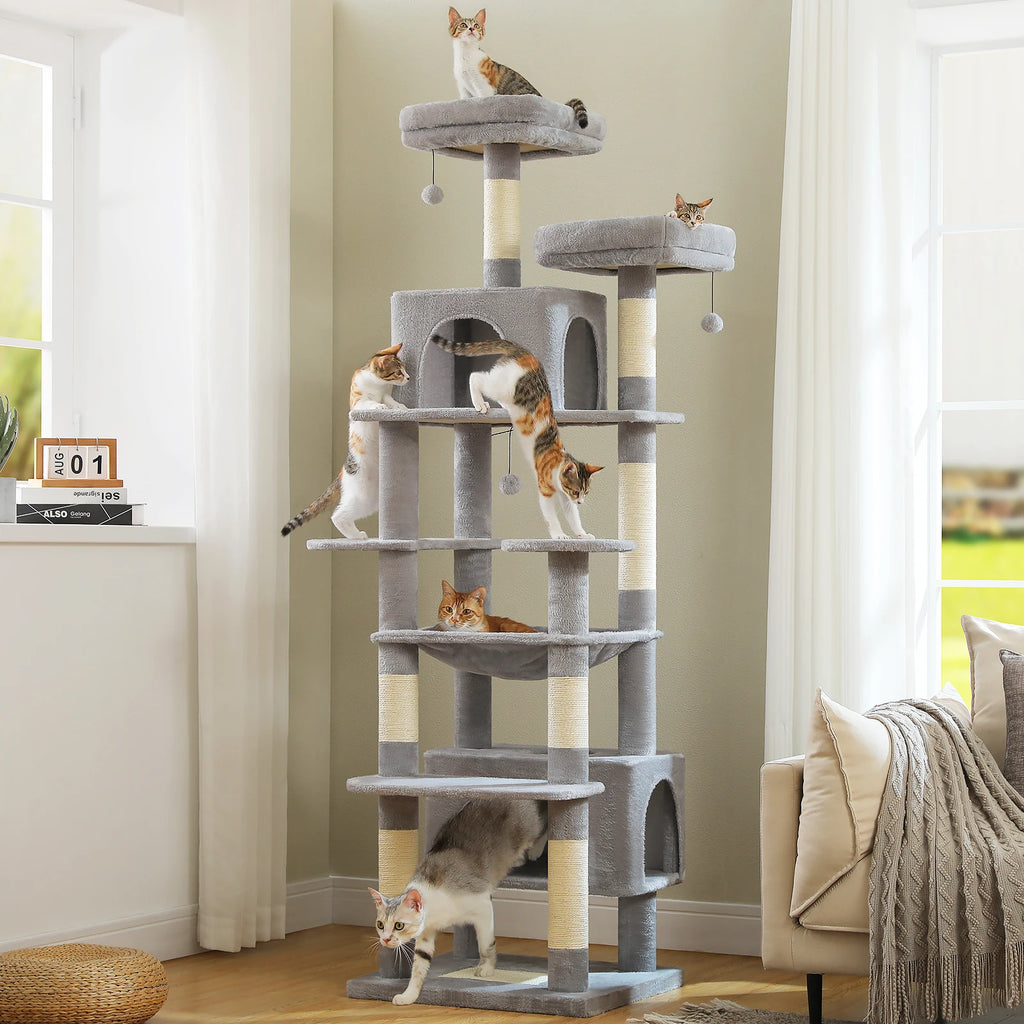 Multi-Level Large Cat Tree with Sisal-Covered Scratching Posts Cozy Condos Spacious Hammock Tall Cat Tower for Indoor Cat Toys