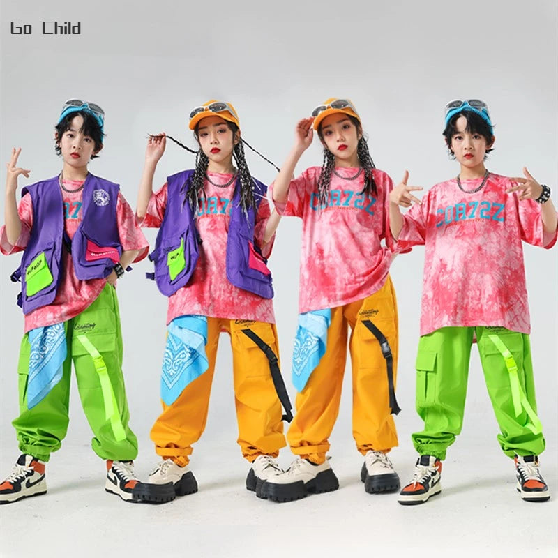 Boys Hip Hop Tie-dyed T-shirt Vest Street Dance Cargo Pants Girls Colorful Tee Clothes Sets Kids Streetwear Child Jazz Costumes