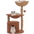 Modern Cat Tree with Large Wicker Basket Natural Solid Wood Scratching Posts Spacious Condo Hammock Luxury Cat Tower for Indoor Cat Toys