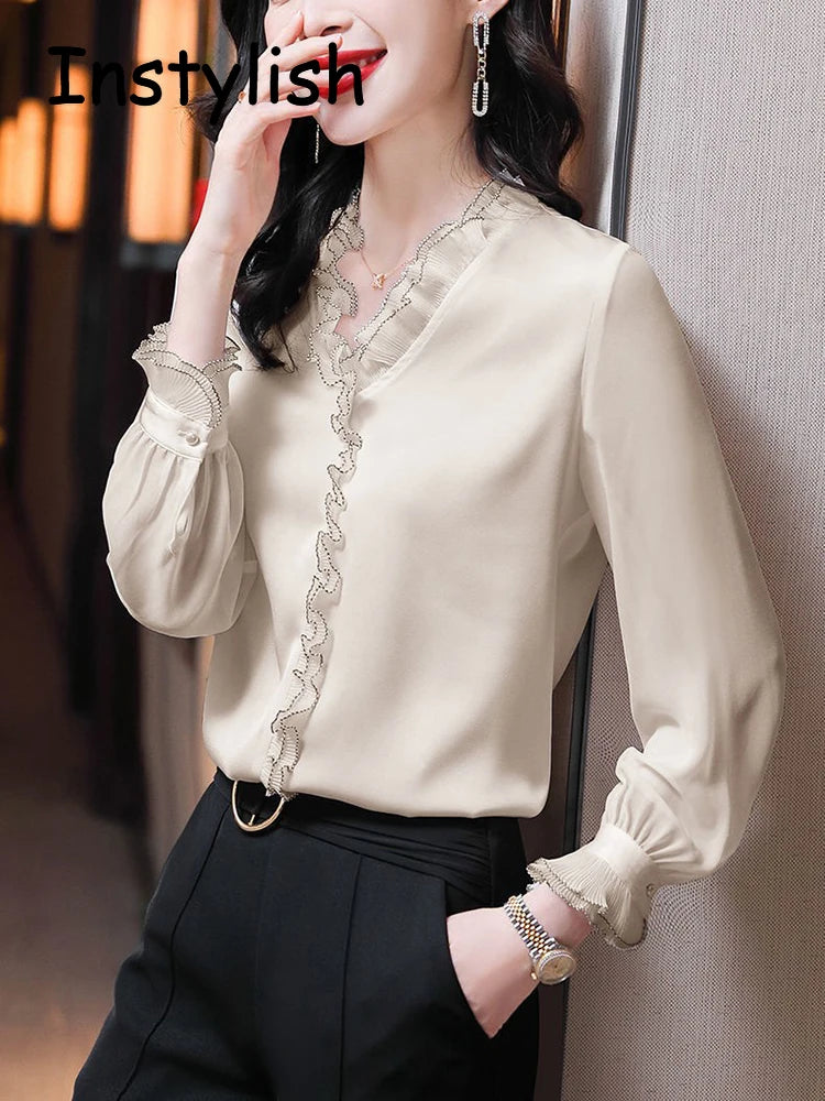Blouse en mousseline col V à volants manches longues femme – vue 5