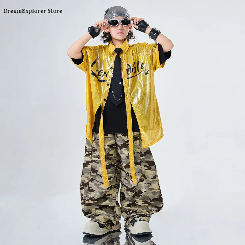 Hip Hop Boys Bright Shiny Shirt Camouflage Pants Girls K-pop Streetwear Children Street Dance Costumes Kids Jazz Clothes Sets