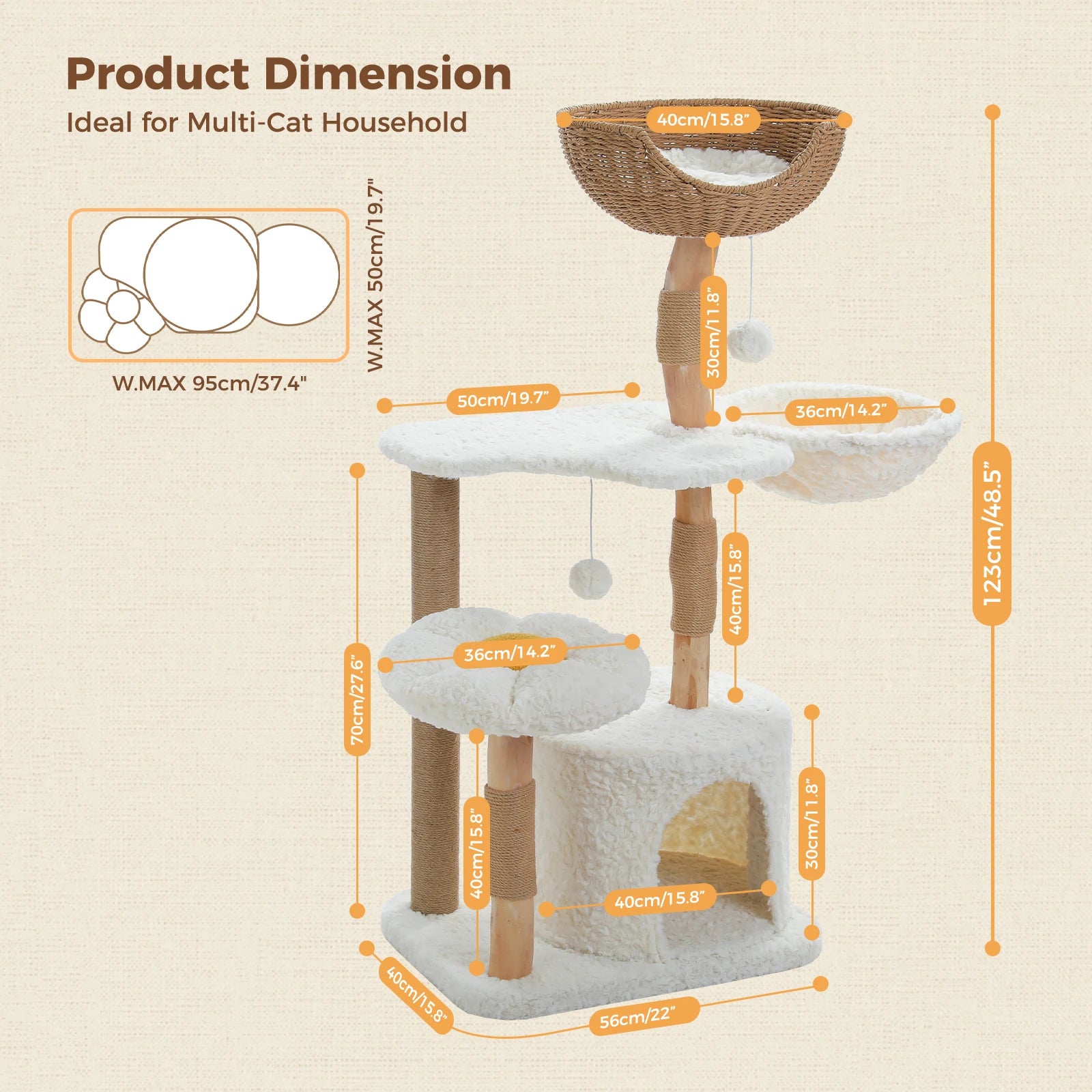 Modern Cat Tree for Indoor Cats Solid Wood Cat Tower with Luxury Cat Condo Cozy Hammock Scratching Post Flower Cat Bed Cat Toys