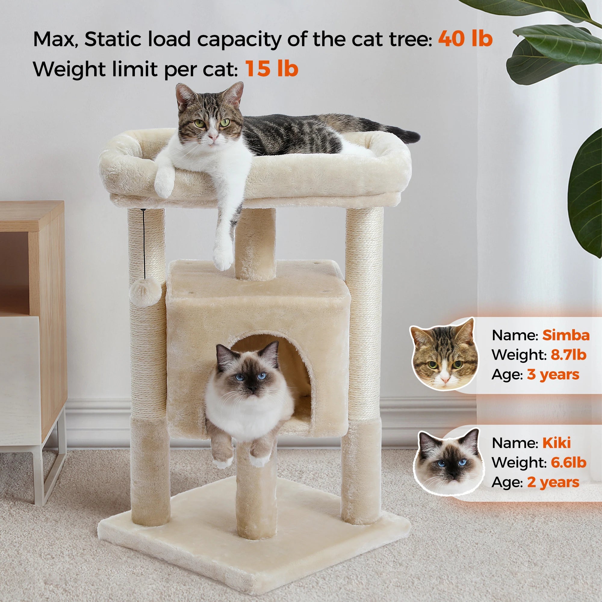 Small Cat Tree Tower with Natural Sisal Scratching Posts Soft Top Perch and Plush Pom-pom Cozy Cat Condo Bed for Indoor Cat Toys