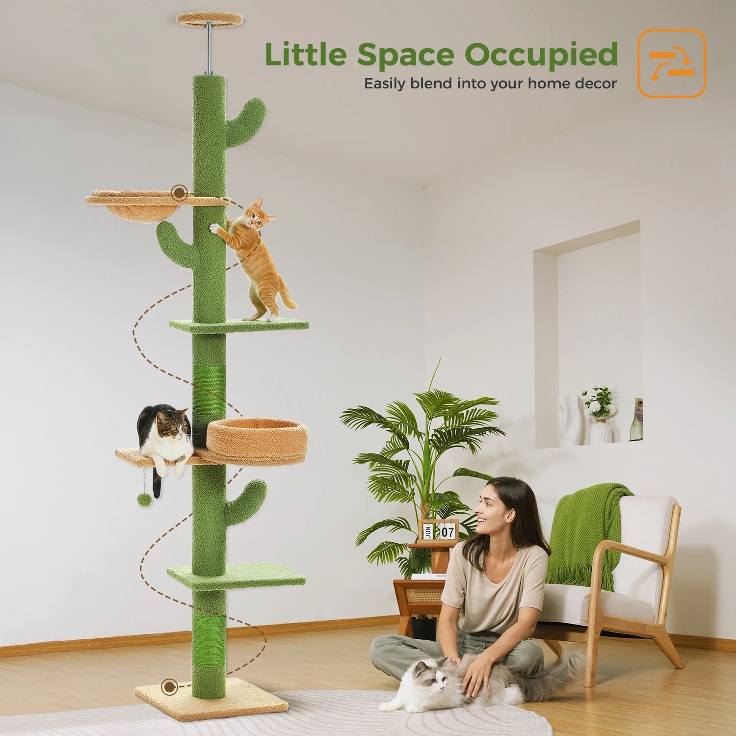 Height Adjustable Cactus Cat Tree with Cozy Hammock, Platforms and Dangling Balls, Floor to Ceiling Cactus Tower, Cat Toys