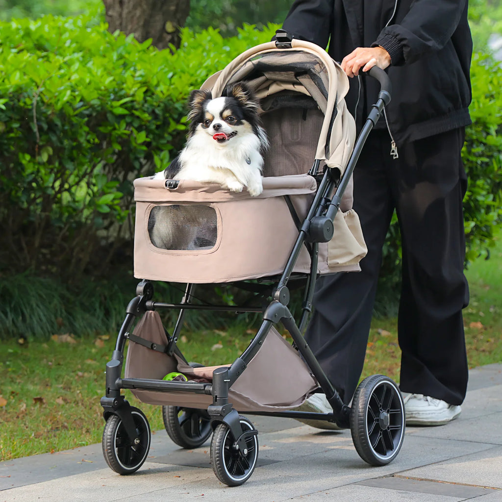 Foldable Pet Stroller for Small Medium Dogs & Cats One-Click Fold Dog Stroller with Reversible Handle Storage Basket Cup Holder Safety Tether Removable Washable Pad Large Cat Stroller Pet Suplies for Outdoor