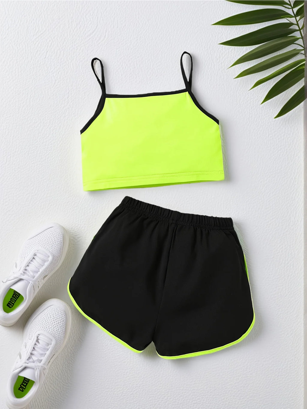 Girls 2 Piece Outfit, Neon Letter Print Spaghetti Cami Top Athletic Shorts Soft Kids for Daily Summer Casual Street Sports Wear