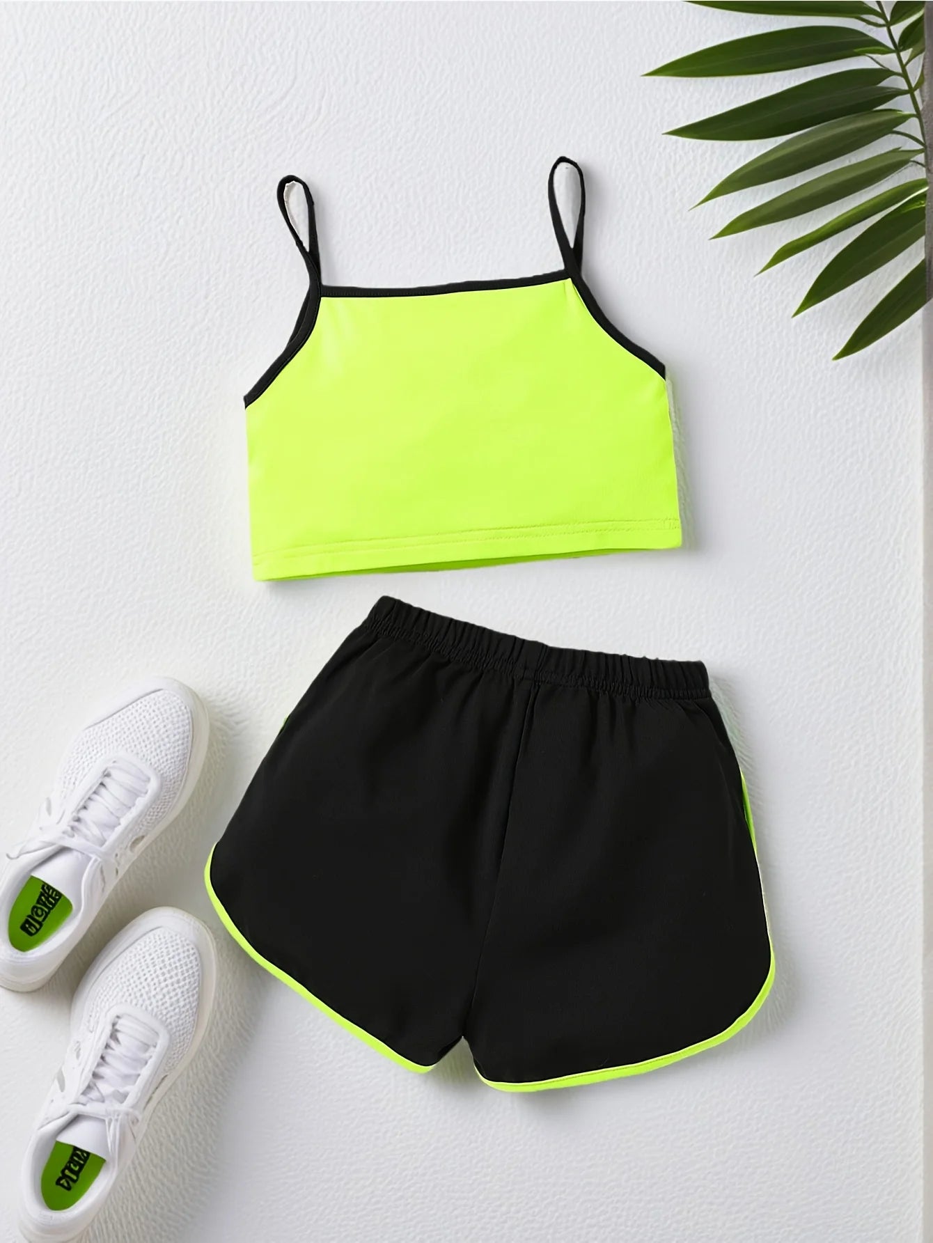 Girls 2 Piece Outfit, Neon Letter Print Spaghetti Cami Top Athletic Shorts Soft Kids for Daily Summer Casual Street Sports Wear