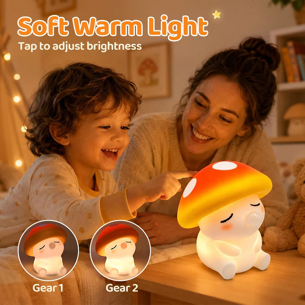 Mushroom Night Light Squishy Silicone Nursery Lamp With Tap Control Warm Light and RGB Color Changing Bedside Sleep Light