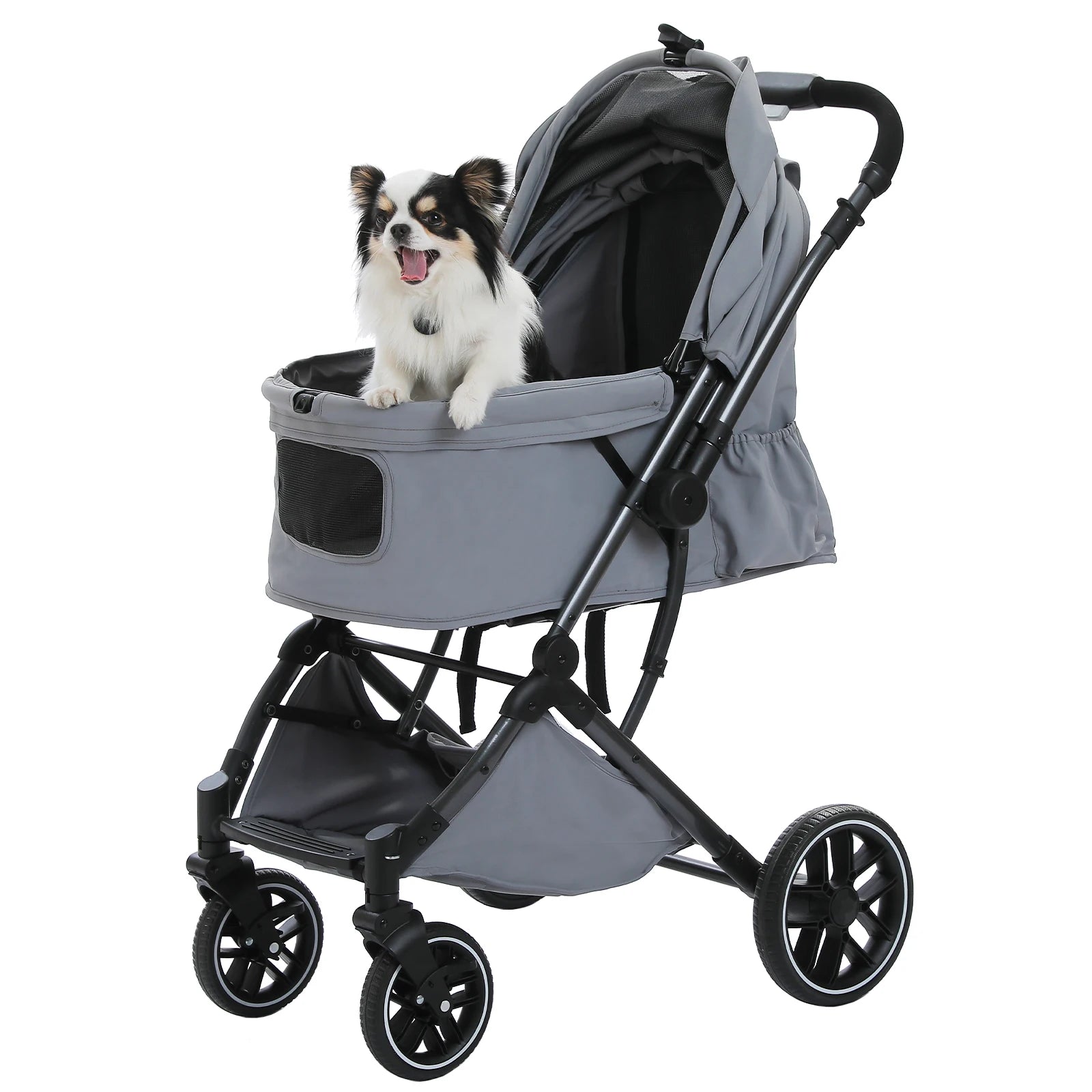 Foldable Pet Stroller for Small Medium Dogs & Cats One-Click Fold Dog Stroller with Reversible Handle Storage Basket Cup Holder Safety Tether Removable Washable Pad Large Cat Stroller Pet Suplies for Outdoor
