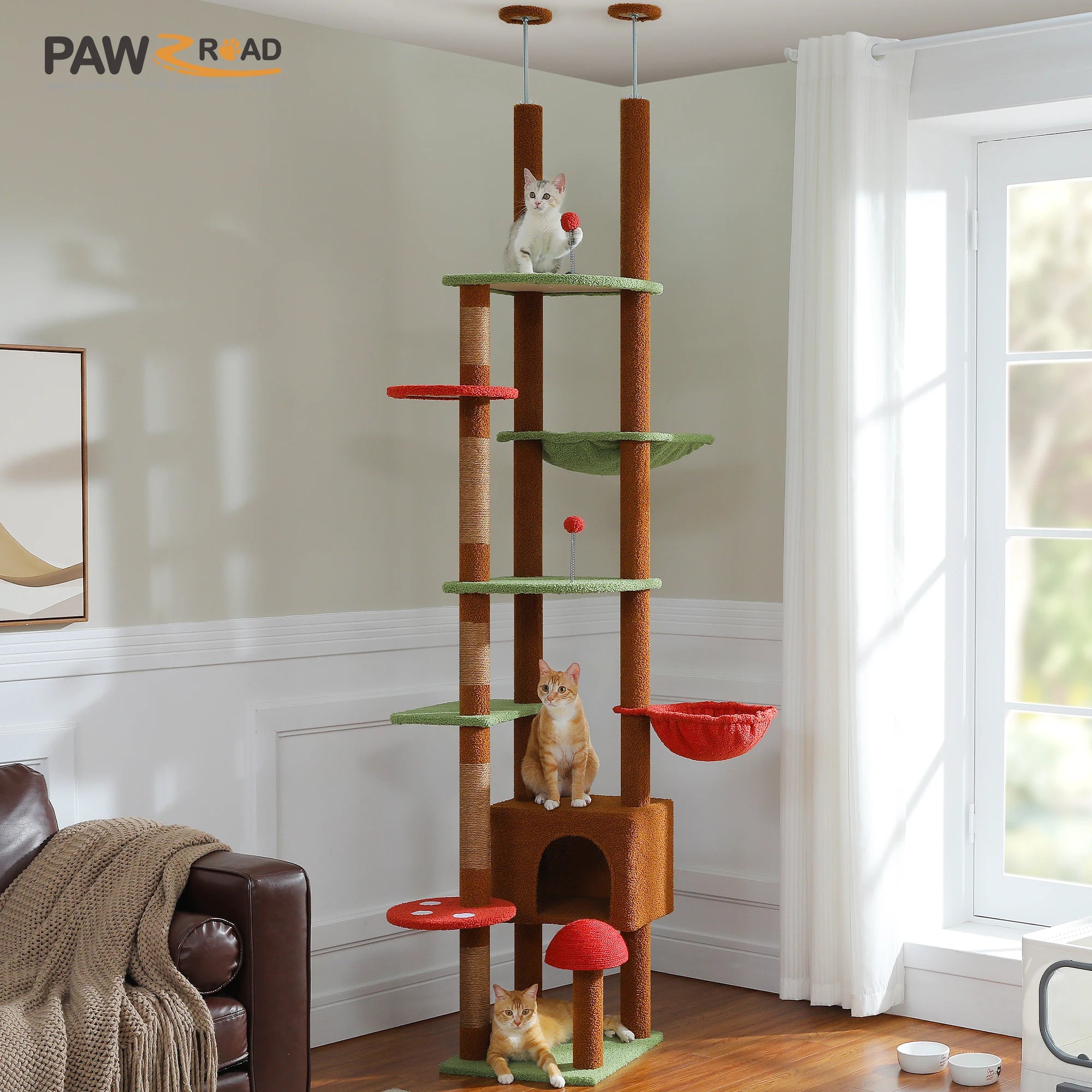 Adjustable Height Tall Cat Tree for Indoor Cats Floor to Ceiling Cat Tower with Sisal Scratching Post Cozy Hammock Large Condo Multi-Level Climbing Tree Cat Toys