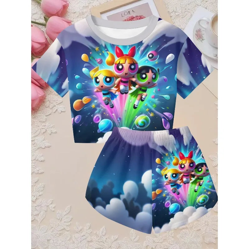 Little Girls Summer Crop Matching Outfit Dark Neon City Skyscraper Vocal Anime Girl & Night Tech Light Beam Graphic Play Shorts