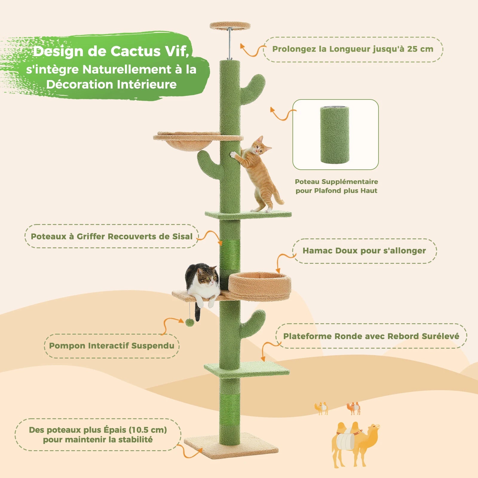 Height Adjustable Cactus Cat Tree with Cozy Hammock, Platforms and Dangling Balls, Floor to Ceiling Cactus Tower, Cat Toys