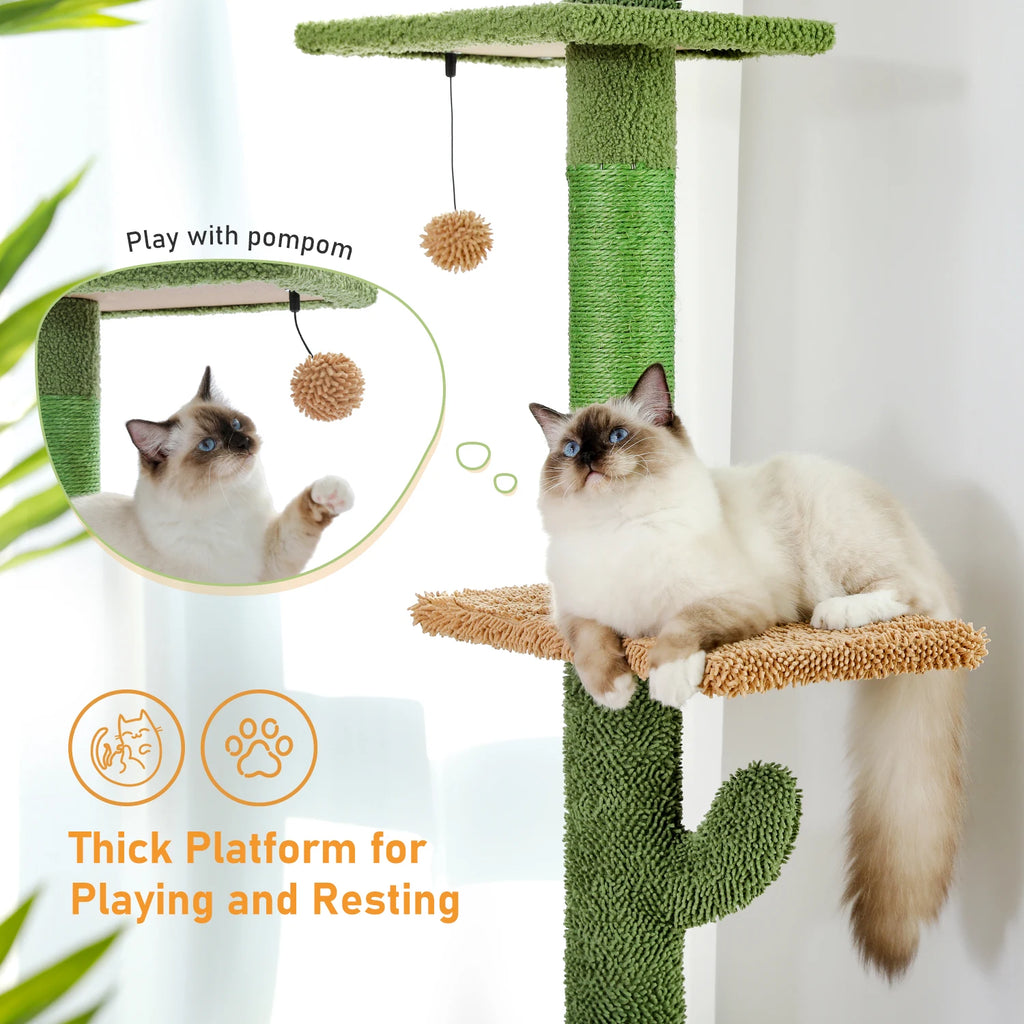 Adjustable Height Cat Tree with Cozy Hammock Sisal Scratching Posts Dangling Ball Floor to Ceiling Cat Tower for Indoor Cat Toys