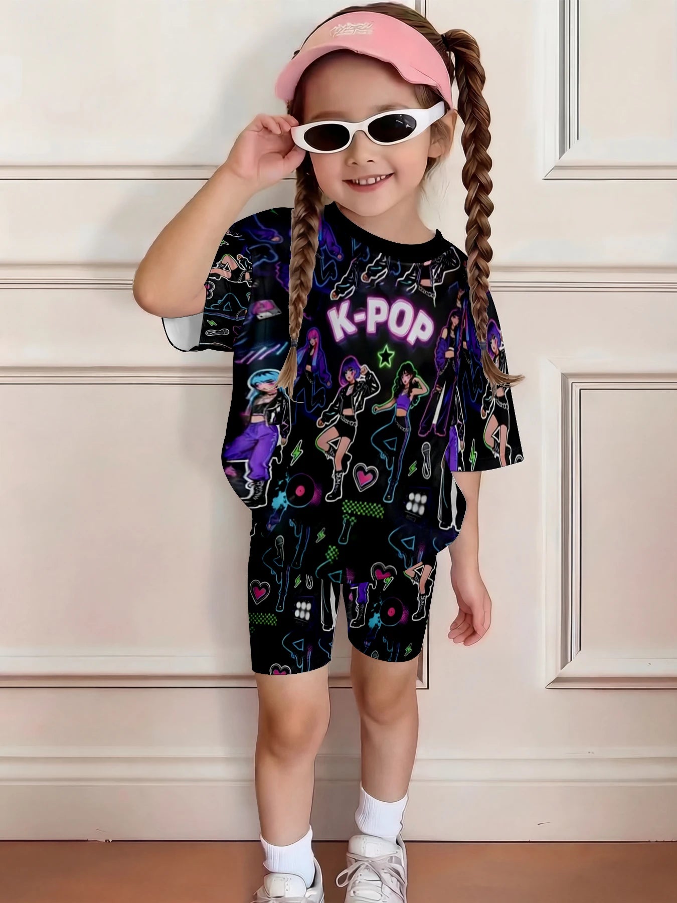 Neon K-Pop Idol Printed Casual 2PCS T-shirt and Shorts Set, Suitable for K-Pop Fans' Birthday Gifts Comfortable Casual Set