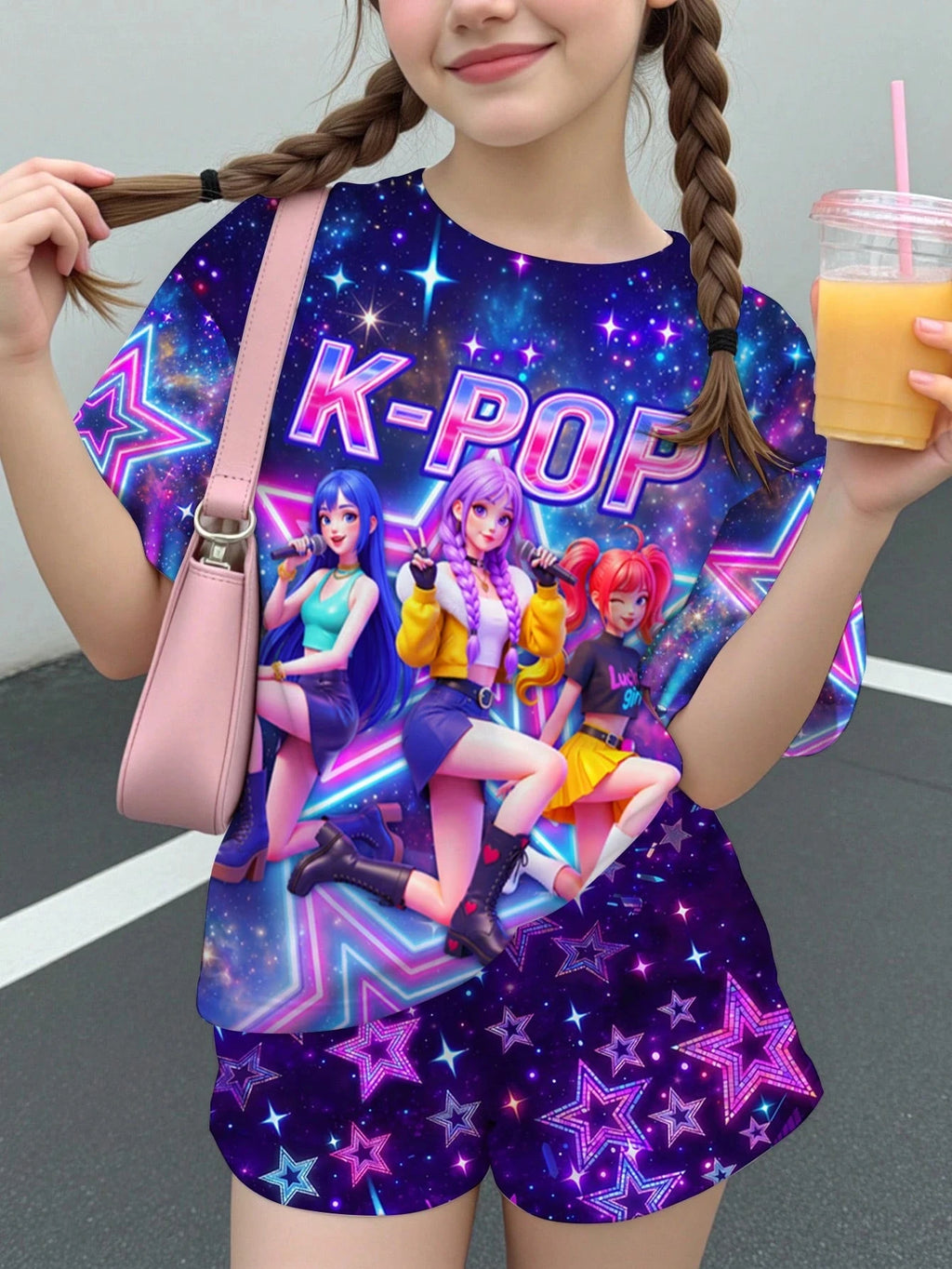 Little Girl Galaxy Neon Star 3D Kpop Idol Printed T-shirt with Space Shorts 2-piece Music Festival Children's Set