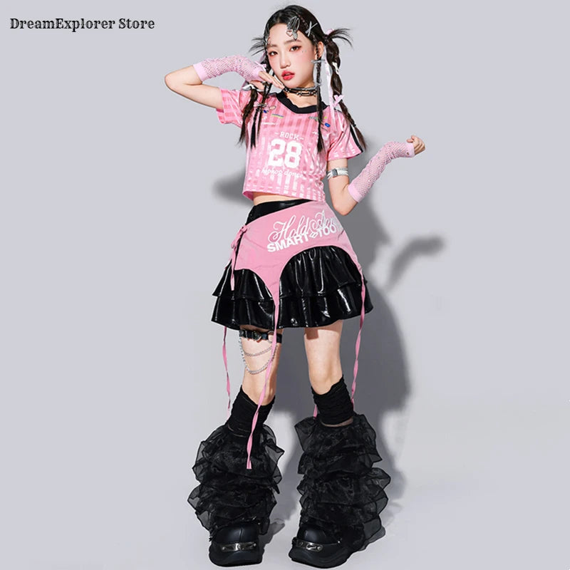 Kids K-pop Crop Top Street Dance Shiny Pleated Skirt Girls Hip Hop Streetwear Children Jazz Costume Girl Group Stage Clothes Set