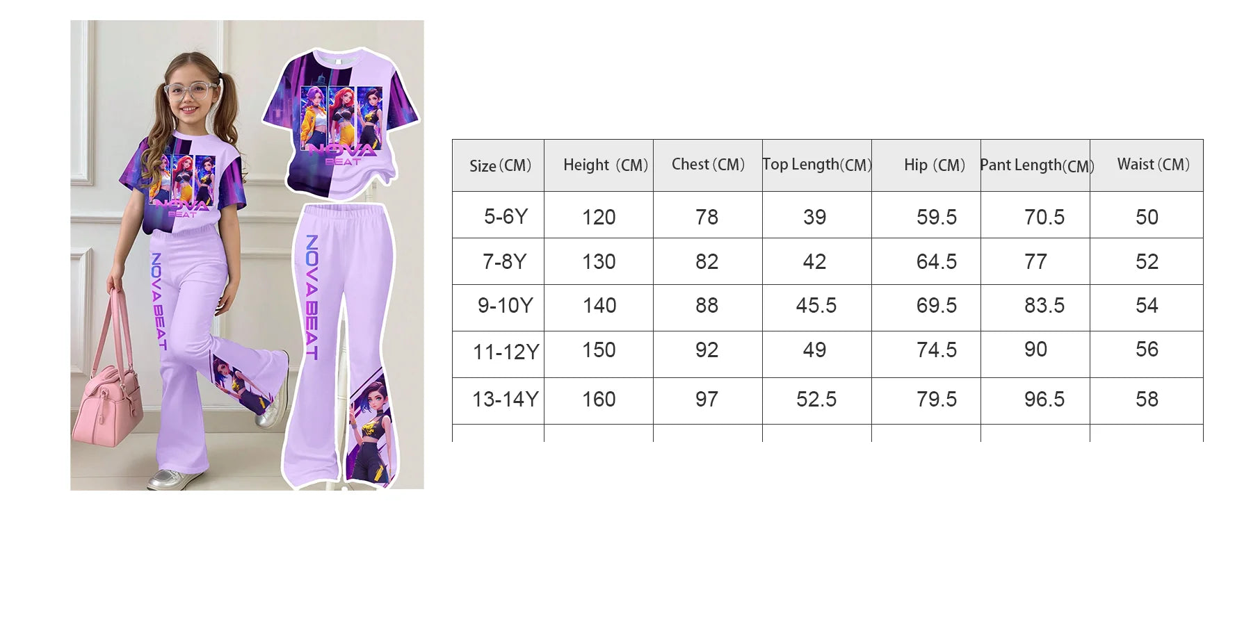 Girl Kpop 3Dcartoon idol print 2-piece set purple city neon light short sleeved T-shirt with star side stripes and trumpet shape