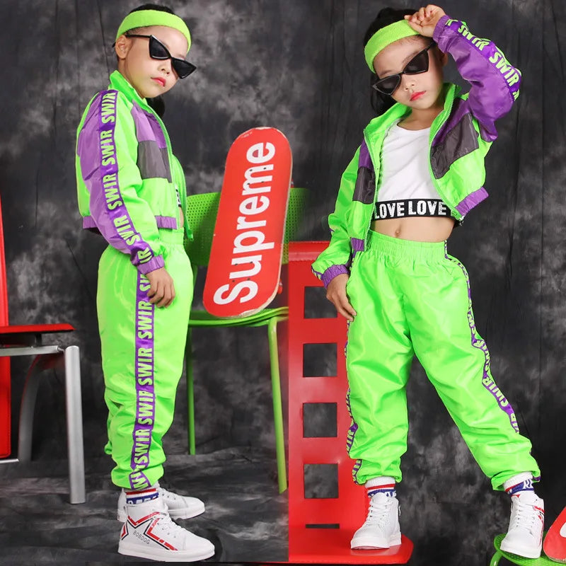 Girls' Jazz Dance Costumes, Children's Street Dance Hip-hop Sets, Girls' Runway Shows, Crop Tops, Fluorescent Clothing
