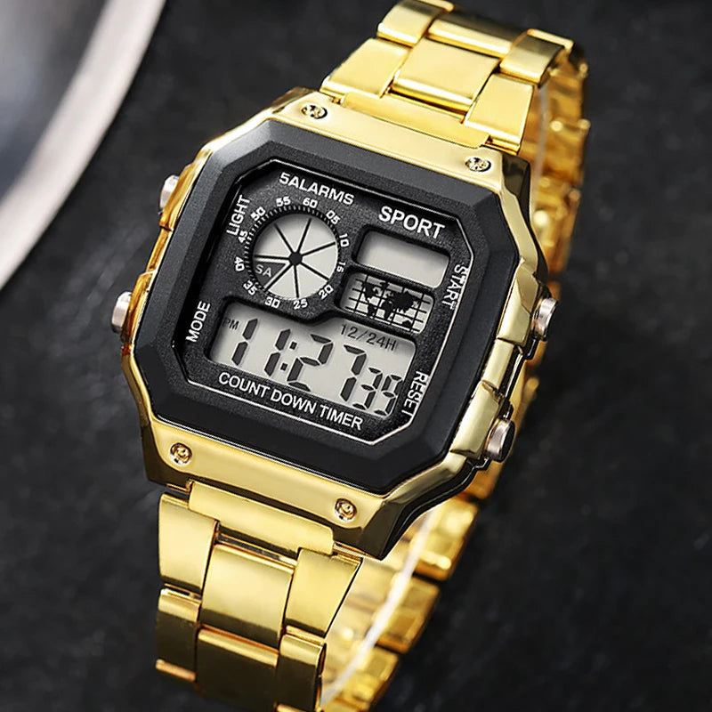 Montre digitale en acier de sport LED pour homme
