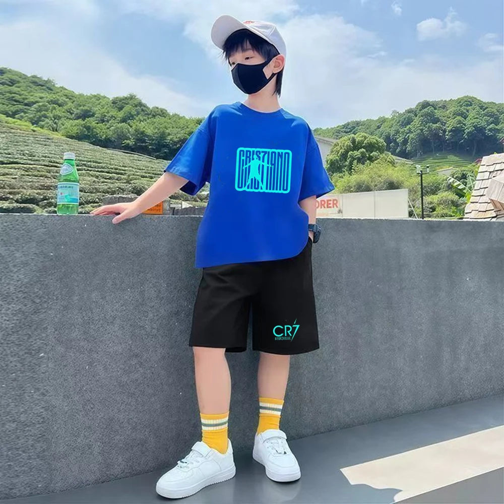 Children Summe cool Clothing Football Player No. 7 Short-sleeved T-shirt+Shorts black Boys Girls 3-12Yrs Toddler Sports Set
