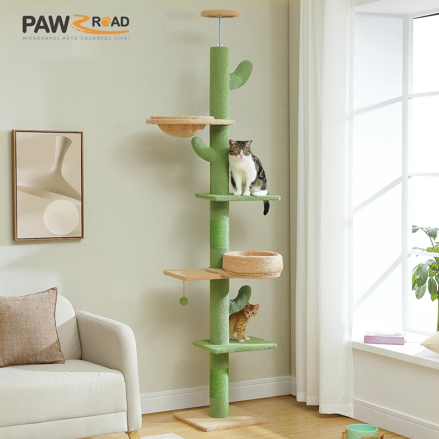 Height Adjustable Cactus Cat Tree with Cozy Hammock, Platforms and Dangling Balls, Floor to Ceiling Cactus Tower, Cat Toys