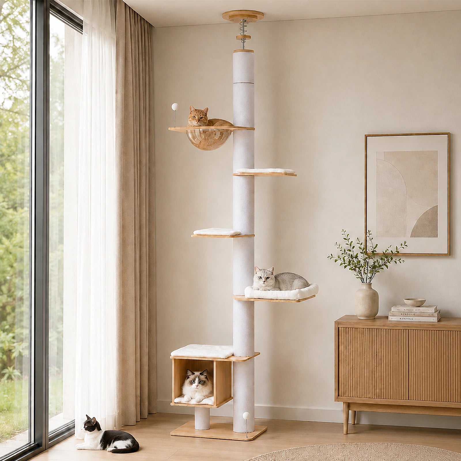 Floor to Ceiling Cat Tree for Indoor Height Adjustable Cat Tower with Sisal Scratching Posts Large Condo Acrylic Capsule Washable Mats Modern Wood Cat Furniture Cat Toys
