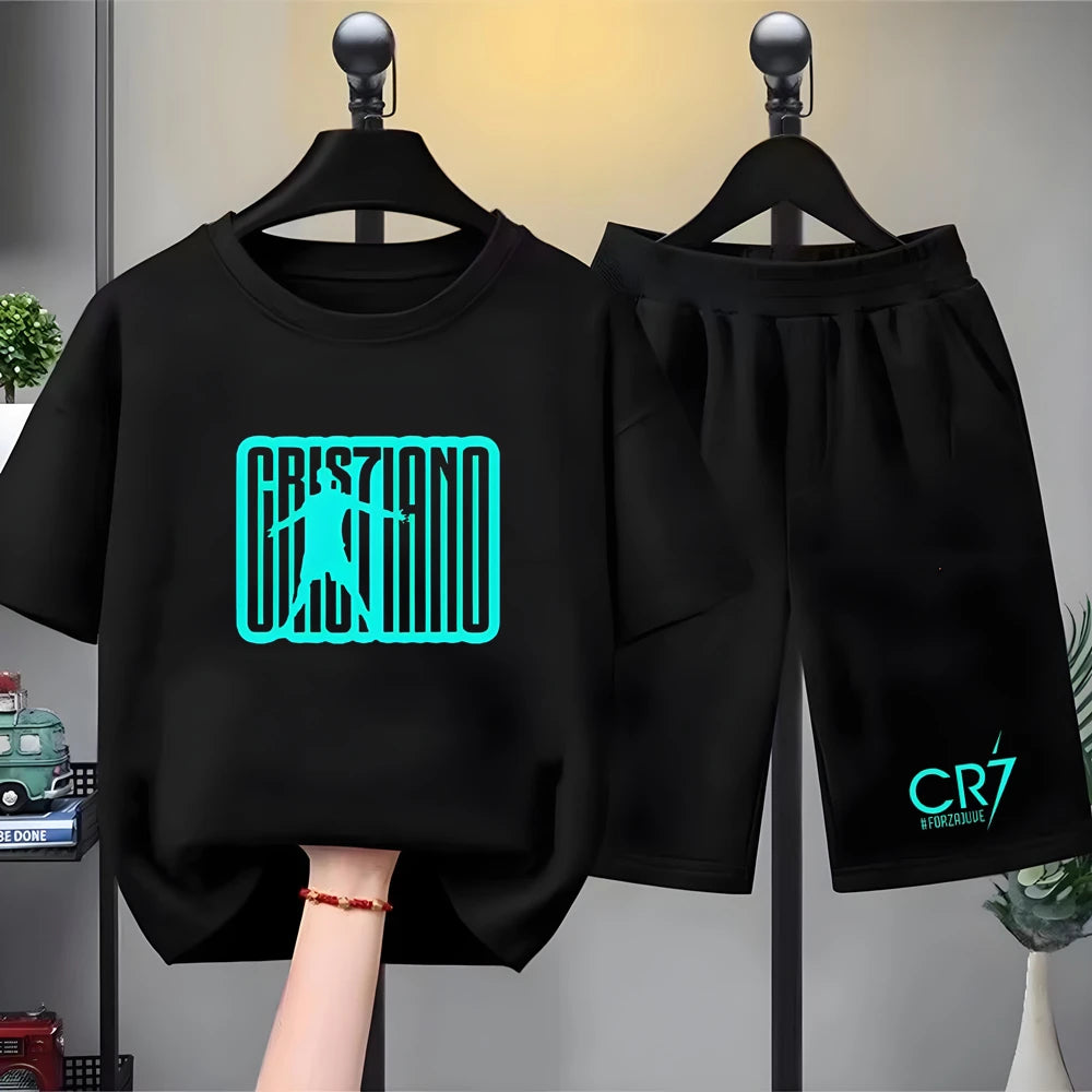 Children Summe cool Clothing Football Player No. 7 Short-sleeved T-shirt+Shorts black Boys Girls 3-12Yrs Toddler Sports Set