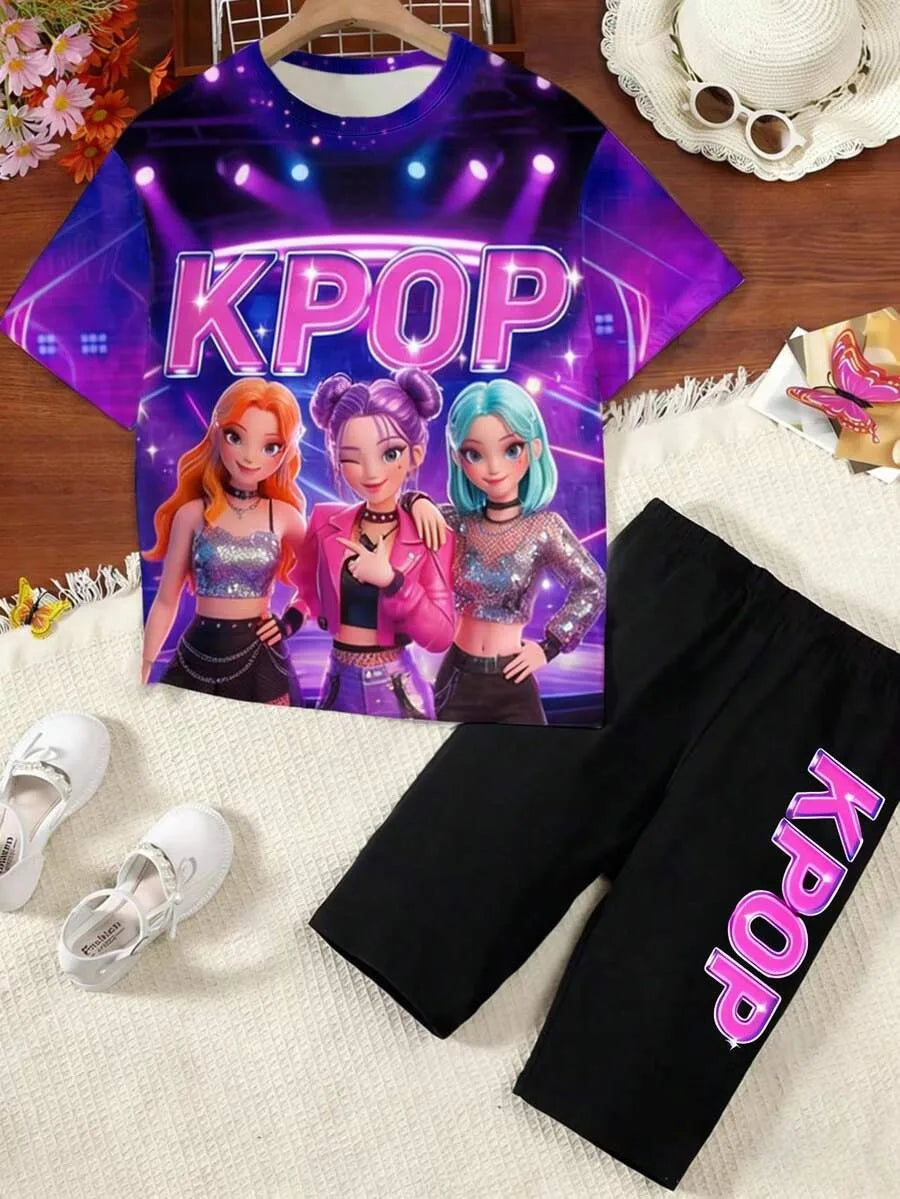 Girls' Purple Neon K-Pop Stage-Style Short-Sleeve Set: All-Over Print T-Shirt and Shorts with Vertical Side Lettering (2-Piece S