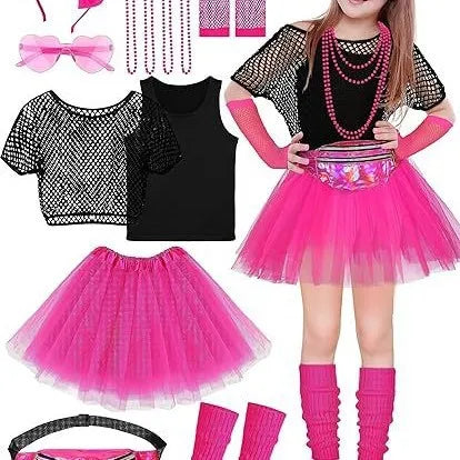 Kids Neon Performance Outfit Fishnet Top Glasses 7 Piece Party Dance Costume Set