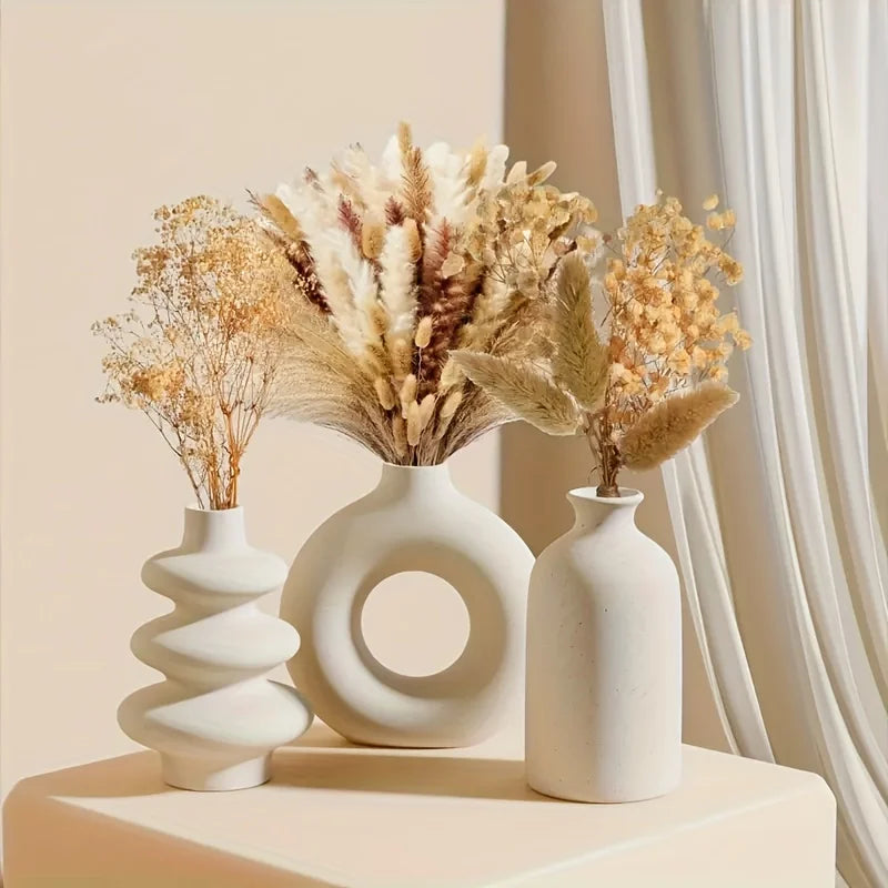 Lot de 3 vases en céramique blanche bohème