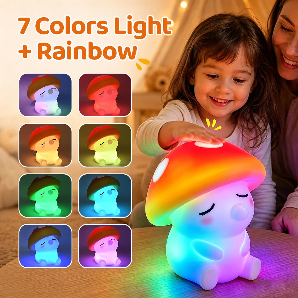Mushroom Night Light Squishy Silicone Nursery Lamp With Tap Control Warm Light and RGB Color Changing Bedside Sleep Light