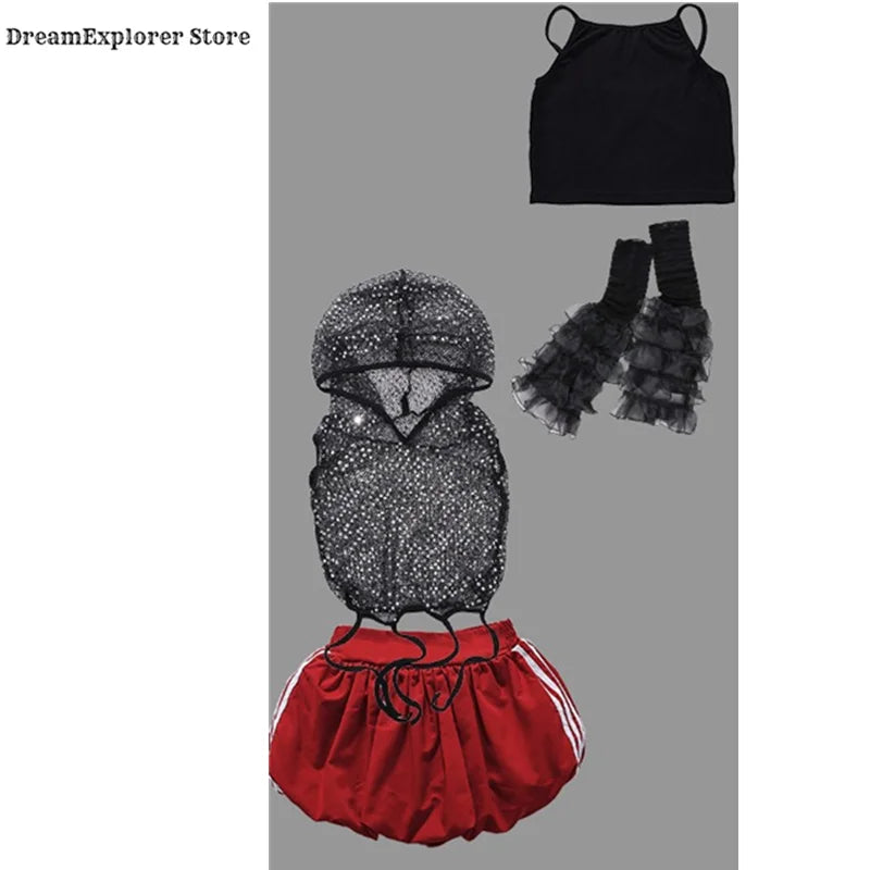 Girls K-pop Sequin Crop Hoodies Cargo Pants Street Dance Skirt Child Hip Hop Costume Kids Streetwear Jazz Girl Group Clothes Set