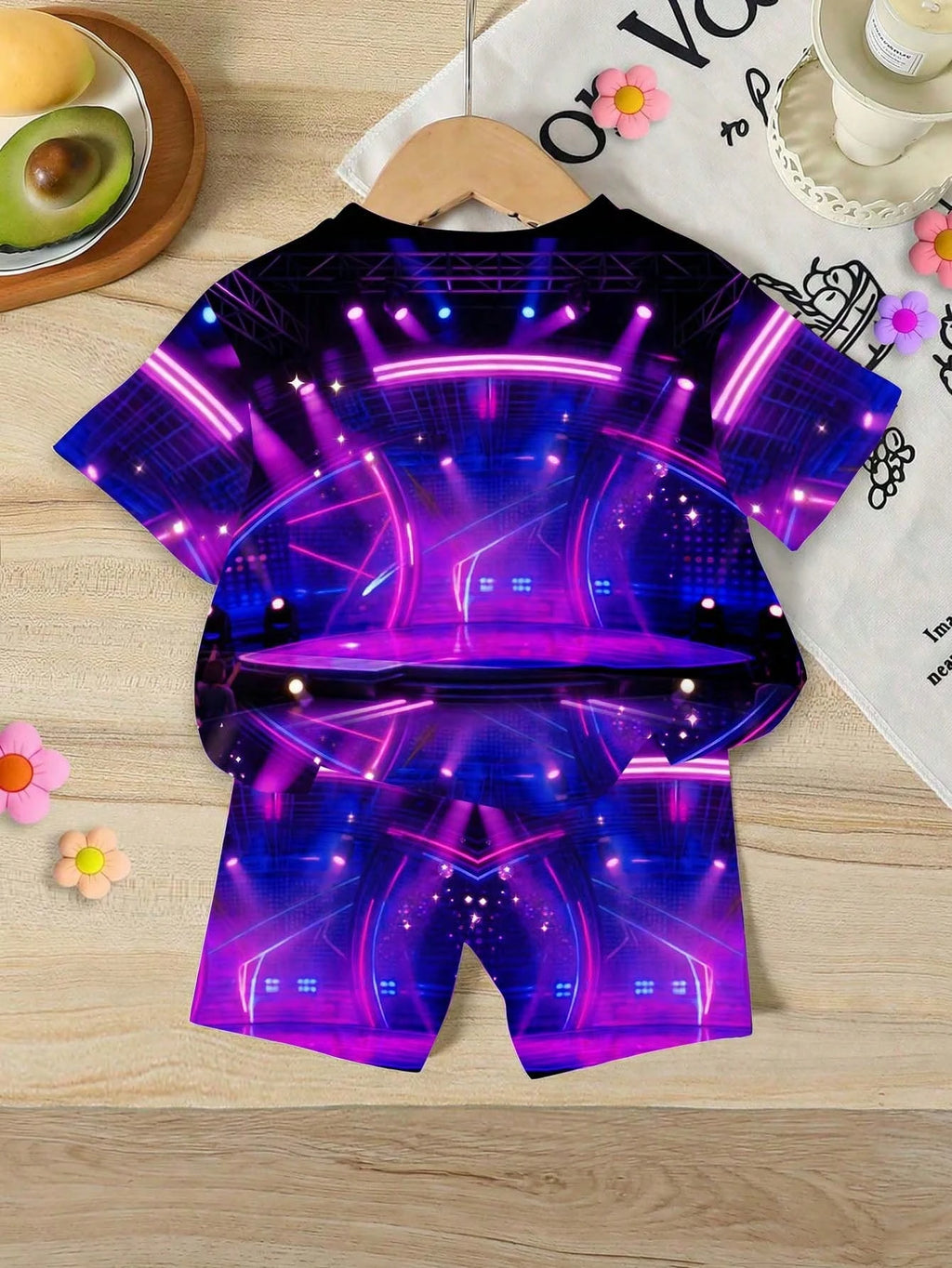 Little Girl Purple Neon Kpop 3D Idol Printed T-shirt with Bicycle Shorts 2-piece Set Concert Music Children's Set