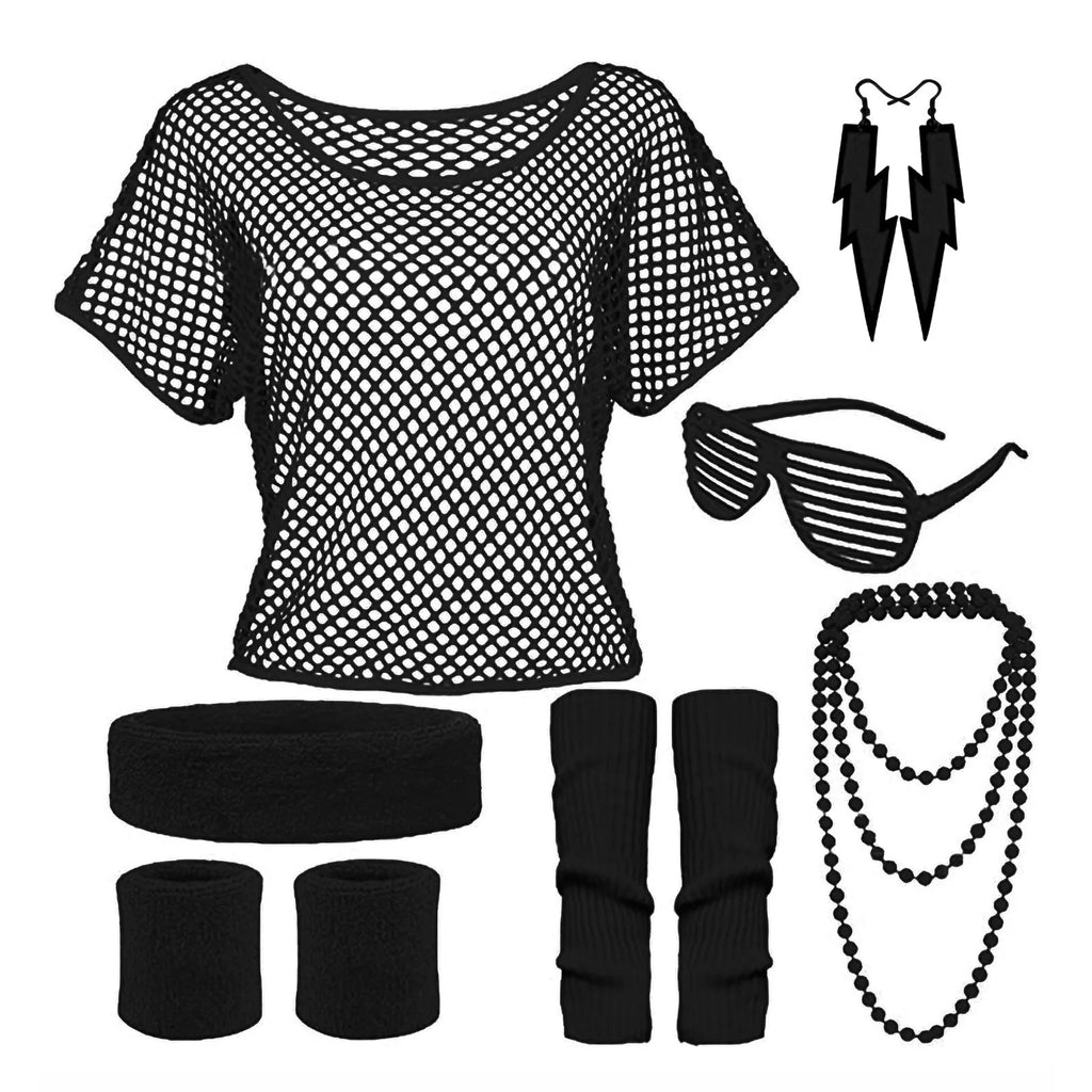 Kids Neon Performance Outfit Fishnet Top Glasses 7 Piece Party Dance Costume Set