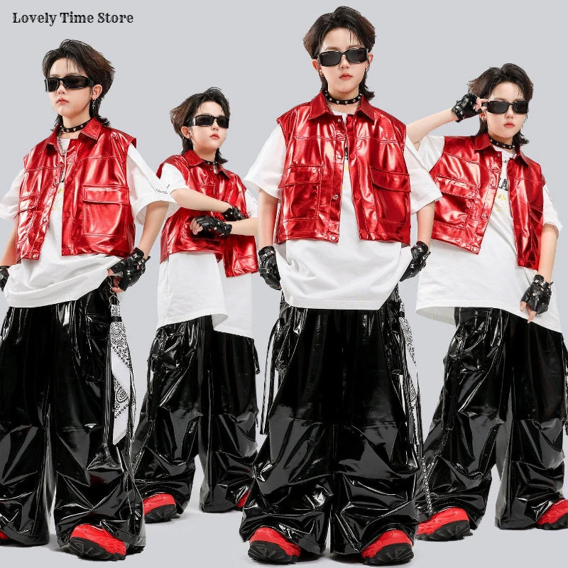Boys Hip Hop Fashion Shiny Vest T-shirt Street Dance Cargo Pants Girls K-pop Clothes Sets Kids Jazz Costumes Children Streetwear
