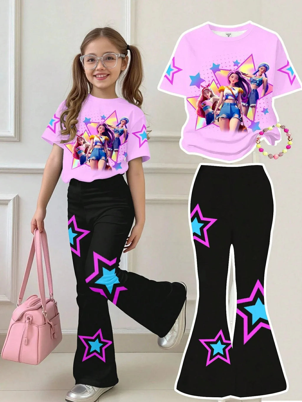Girl Kpop 3Dcartoon idol print 2-piece set purple city neon light short sleeved T-shirt with star side stripes and trumpet shape