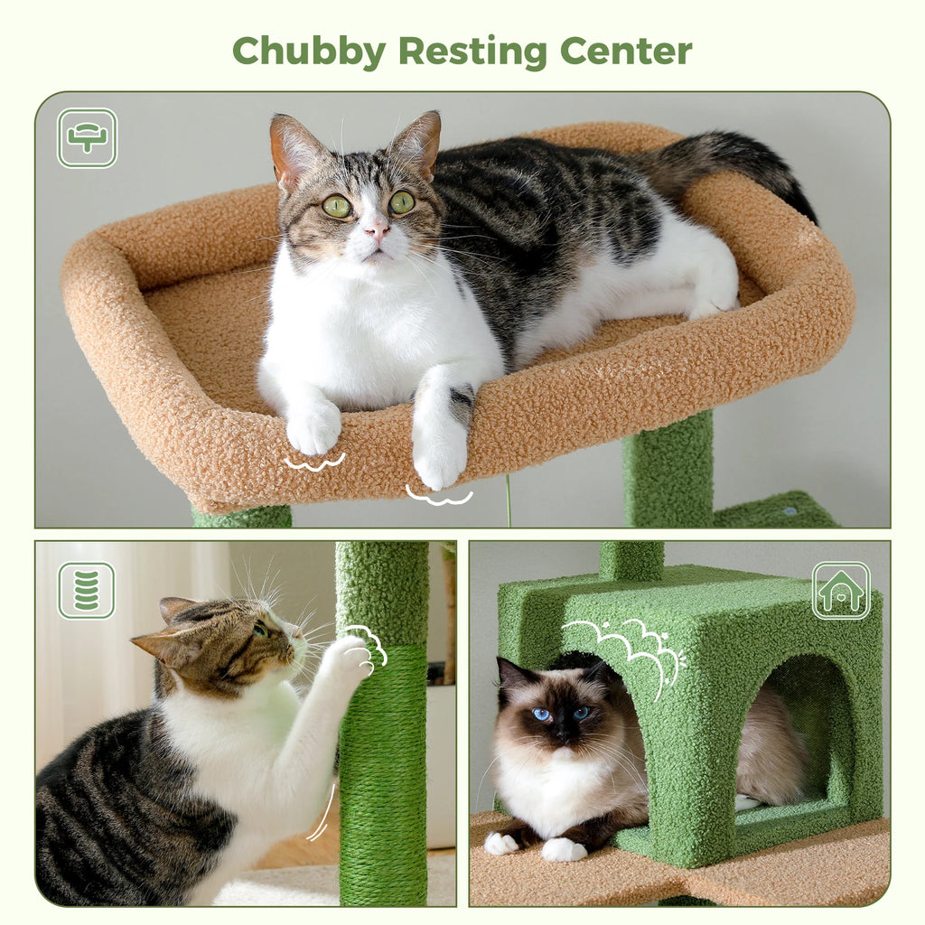 Cactus Cat Tree Tower for Large Cats with Metal Plush Big Hammock for Indoor Cats with 2 Door Condo House with Large Top Perch