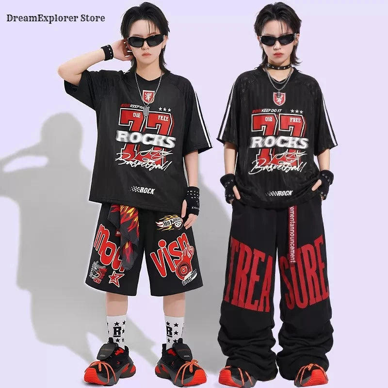 Hip Hop Boys Cool Letters T-shirt Street Dance Loose Pants Girls K-pop Costumes Children Streetwear Kids Jazz Stage Clothes Sets