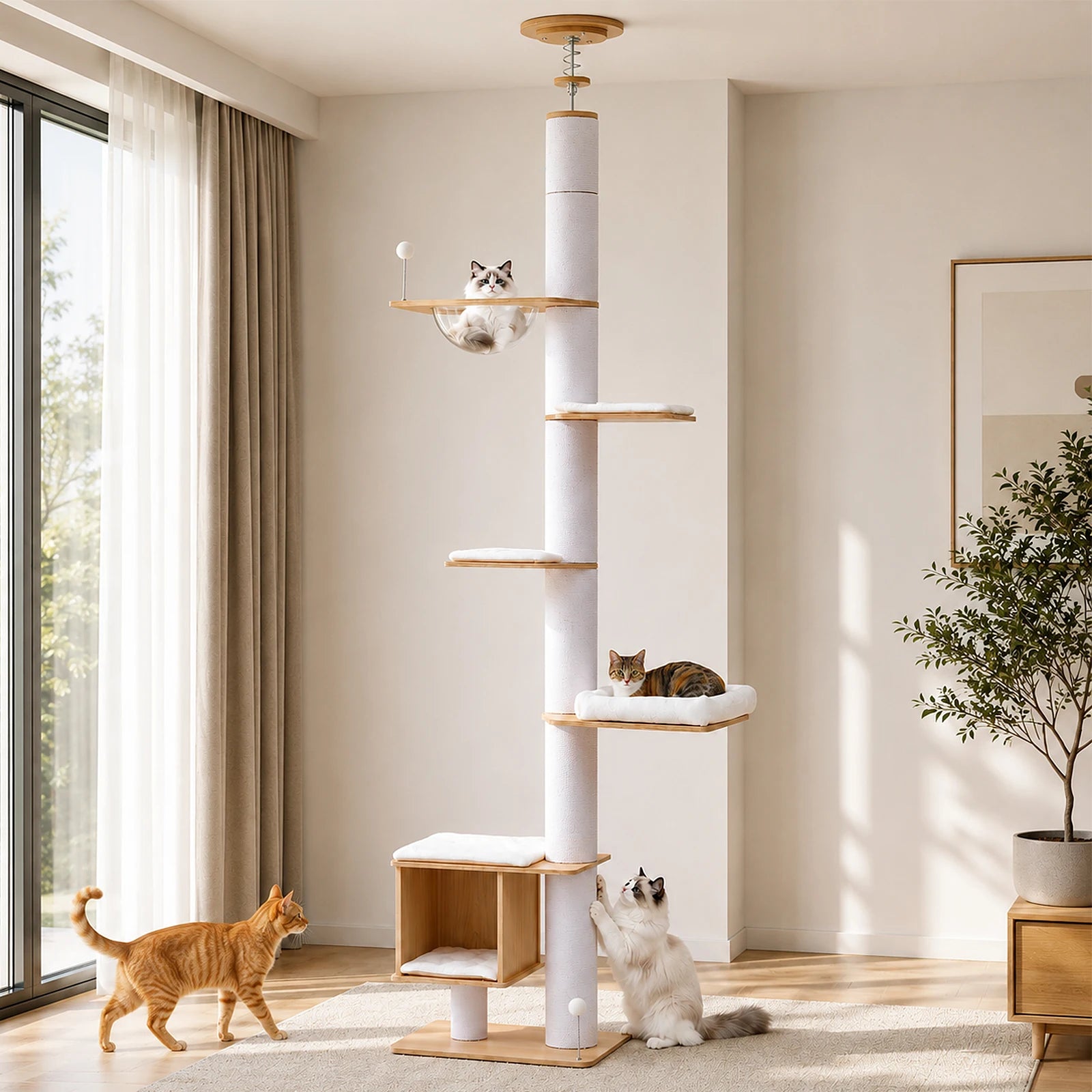 Floor to Ceiling Cat Tree for Indoor Cats Adjustable Height Wooden Cat Tower with Thick Scratching Posts Acrylic Cave Cat Toys
