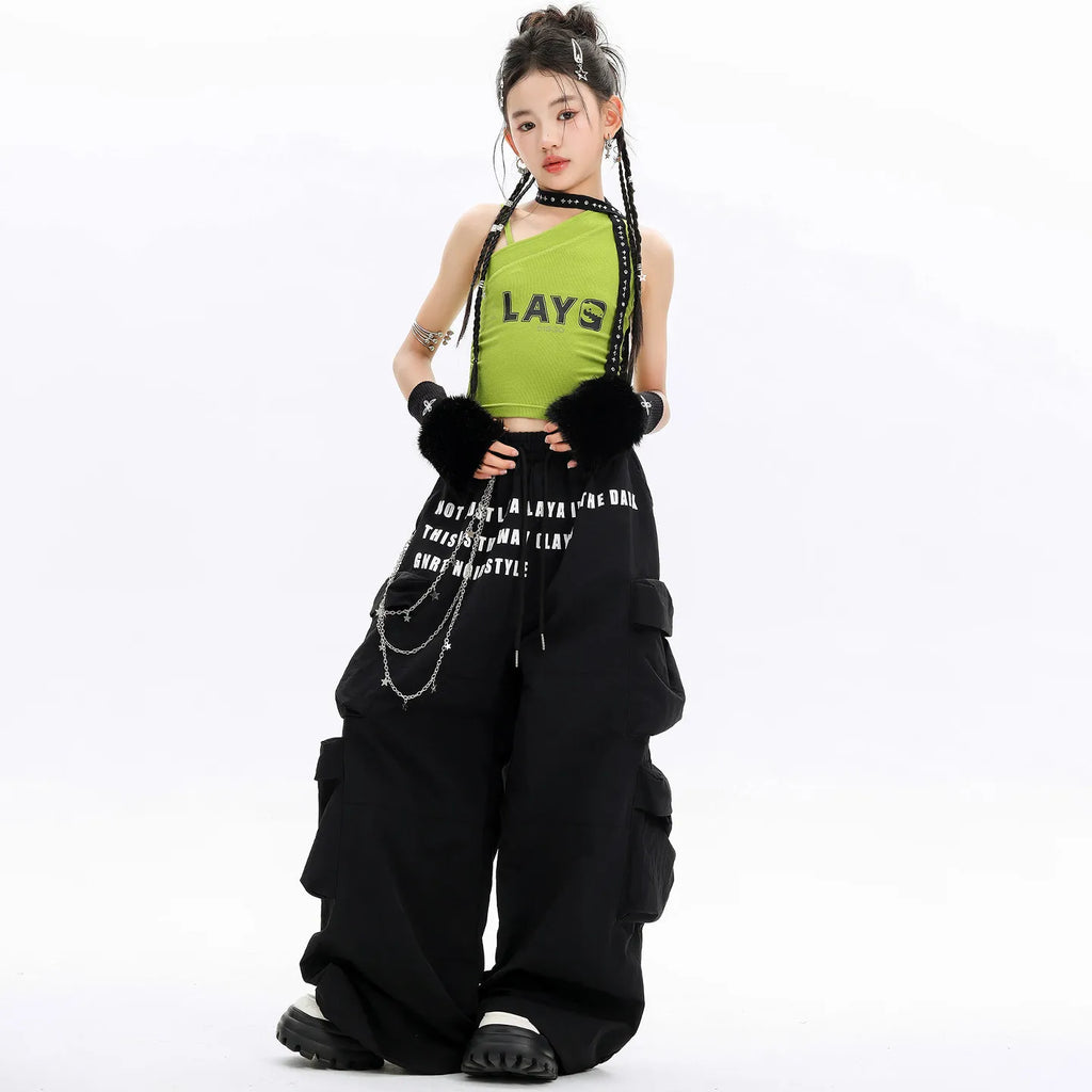 Girls Hip Hop Dance Outfit Neon Green Sleeveless Top with Black Letter Print Pants for Teenage Stage Street Wear Clothes Set