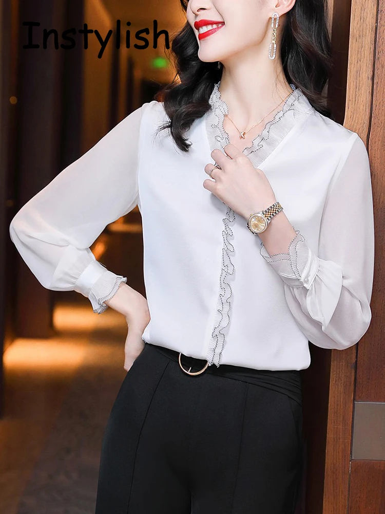 Blouse en mousseline col V à volants manches longues femme – vue 4