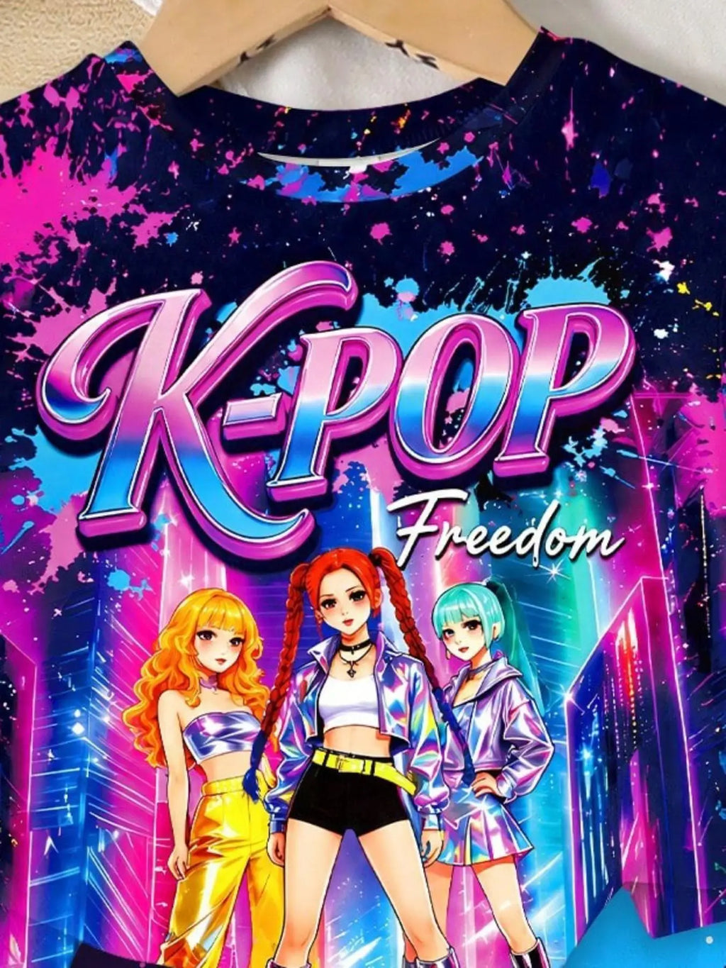 Girls' two-piece outfit featuring a neon ink-wash style with anime-inspired idol aesthetics; includes a crew-neck, short-sleeved
