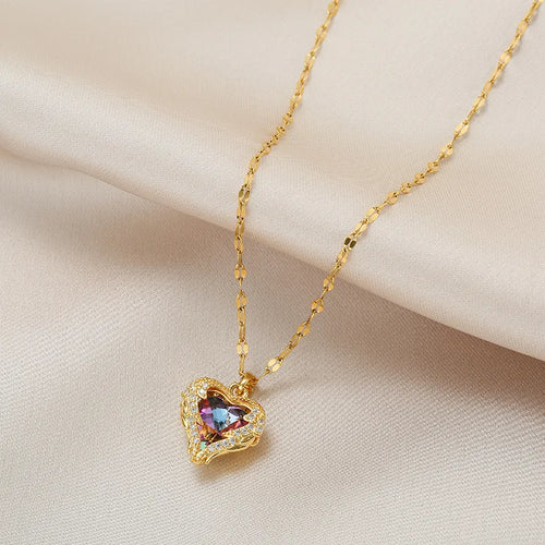 Collier Femme Acier Inoxydable Pendentif Cœur Cristal