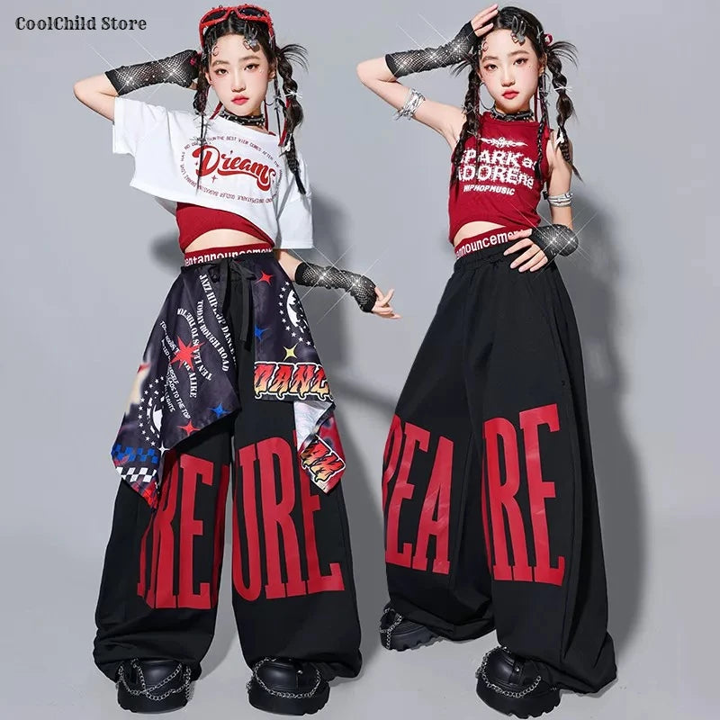 Girls Hip Hop Crop Top Loose Street Dance Letters Pants Children K-pop Streetwear Girl Group Clothes Set Kids Jazz Stage Costume