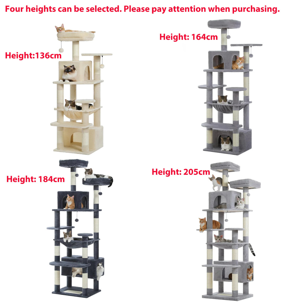 Multi-Level Large Cat Tree with Sisal-Covered Scratching Posts Cozy Condos Spacious Hammock Tall Cat Tower for Indoor Cat Toys