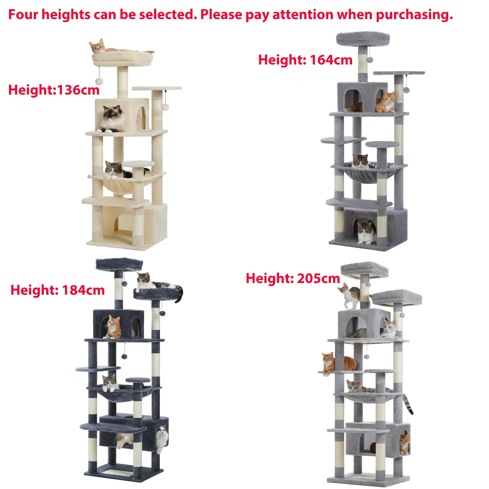 Multi-Level Large Cat Tree with Sisal-Covered Scratching Posts Cozy Condos Spacious Hammock Tall Cat Tower for Indoor Cat Toys