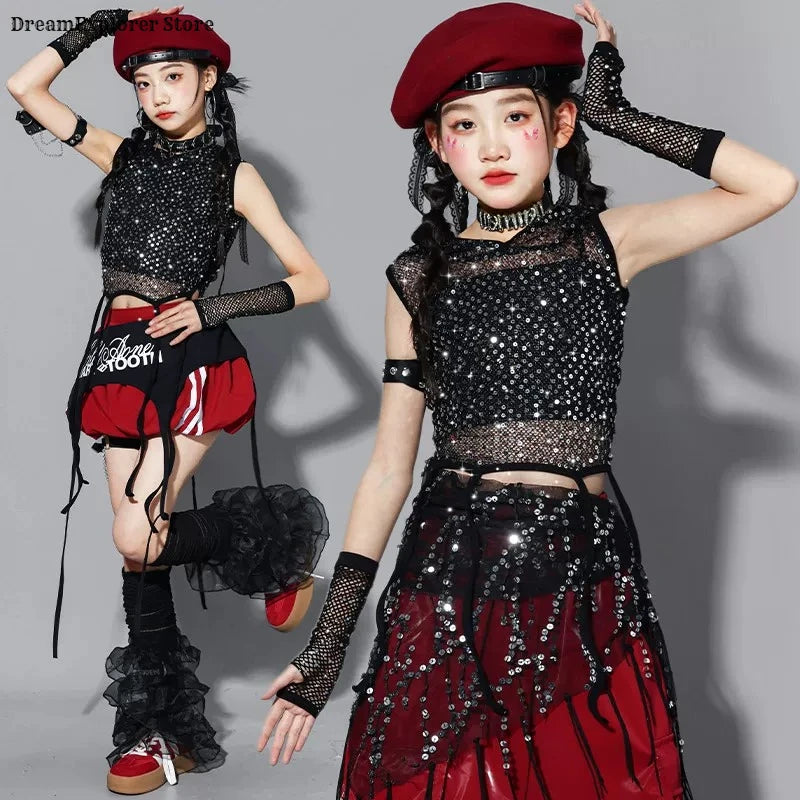 Girls K-pop Sequin Crop Hoodies Cargo Pants Street Dance Skirt Child Hip Hop Costume Kids Streetwear Jazz Girl Group Clothes Set
